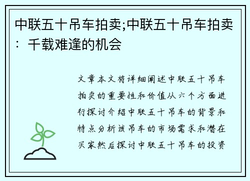 中联五十吊车拍卖;中联五十吊车拍卖：千载难逢的机会