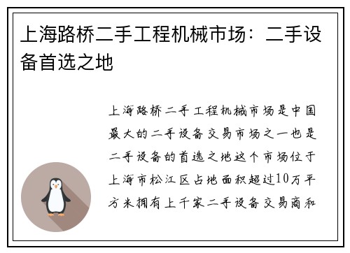 上海路桥二手工程机械市场：二手设备首选之地