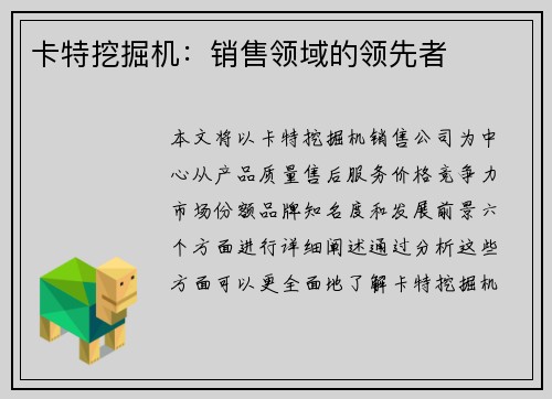 卡特挖掘机：销售领域的领先者